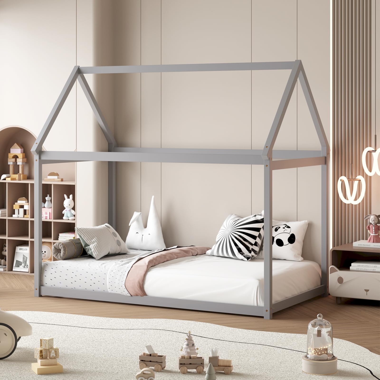 GORELAX Twin House Bed, Low Floor Bed with Roof, Montessori Floor